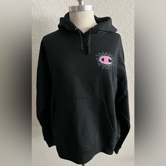 Champion black sweatshirt hoodie with pink logo size large - Picture 1 of 4